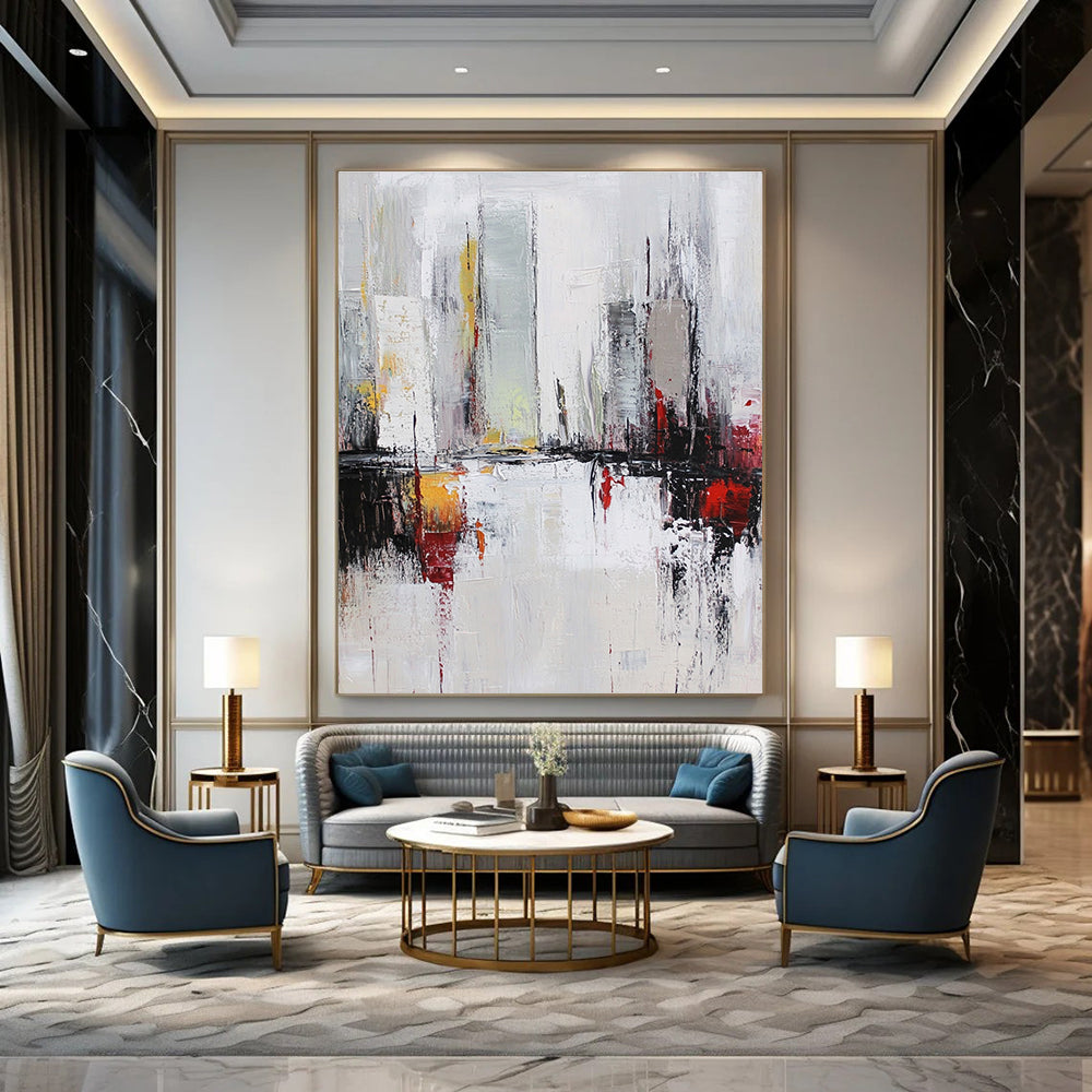 Large abstract oil painting of a cityscape in white and grey tones with red accents featuring dynamic loose brush strokes.STSC162