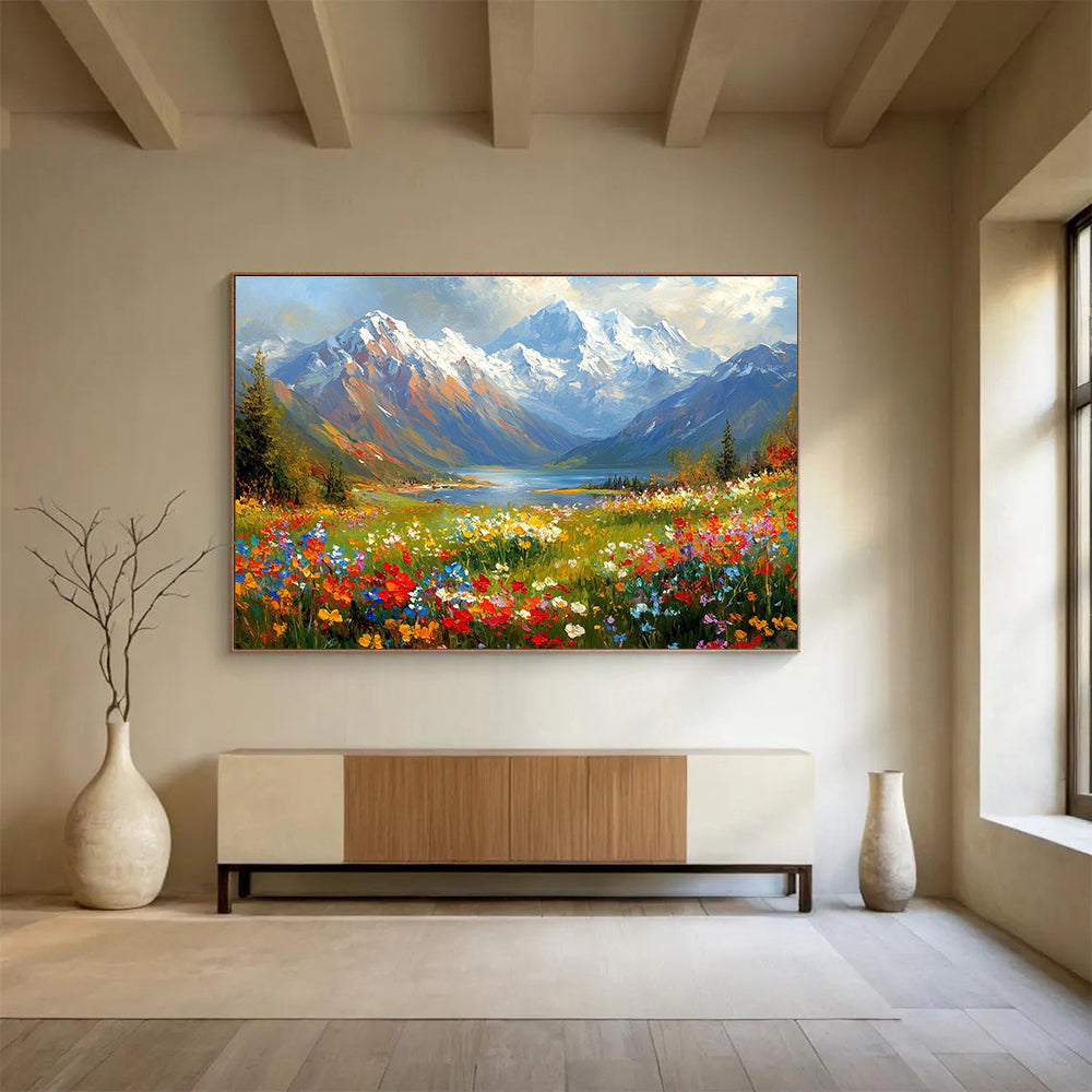 Flower - Filled Mountain Valley Abstract Painting with Colorful Blossoms DYP577