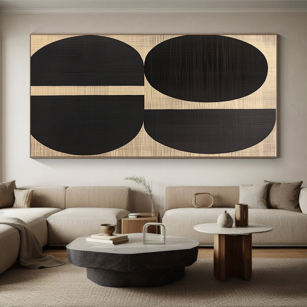 Black Oval Shapes Abstract Art on Textured Beige GER242