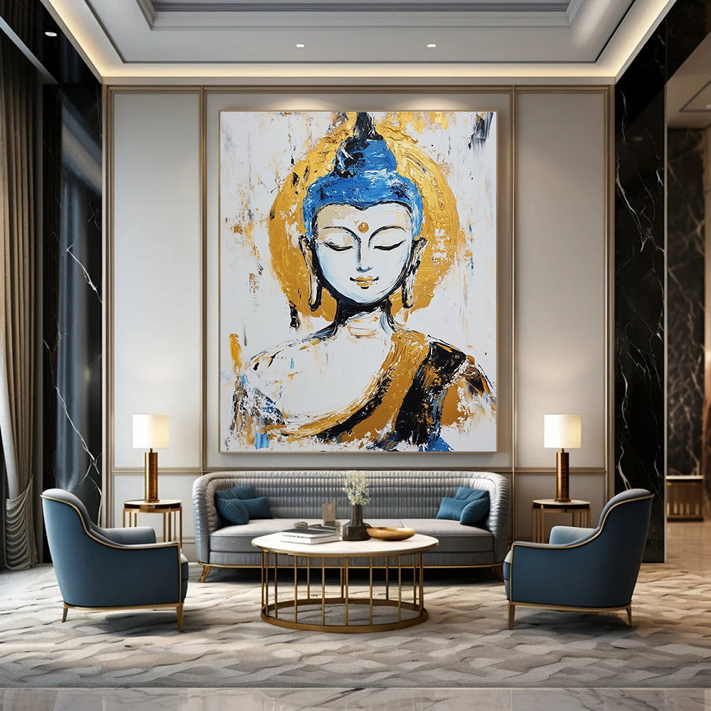 A large abstract painting of the Buddha with pale skin and blue hair in meditation against a white background featuring gold accents and visible brush strokes.STSC338