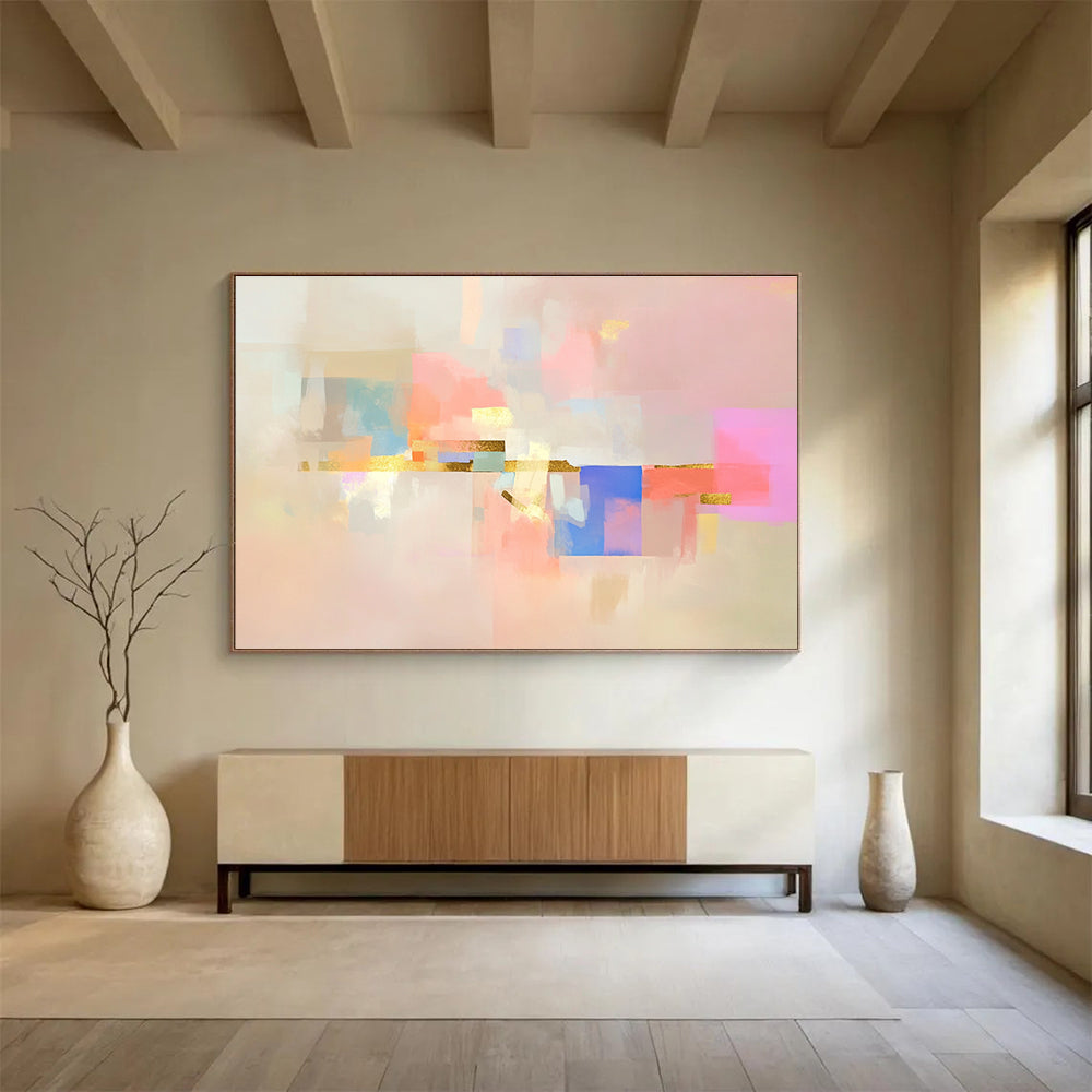 Abstract painting featuring soft shapes and pastel colors on a pink background with gold accents and minimalist design elements.SC043