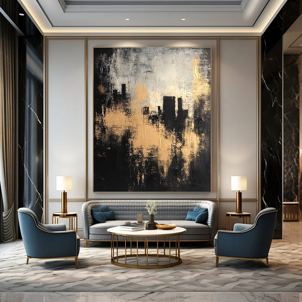 Large abstract painting featuring a black and gray background with golden highlights and silhouettes of buildings in an atmospheric, vintage style.STSC213