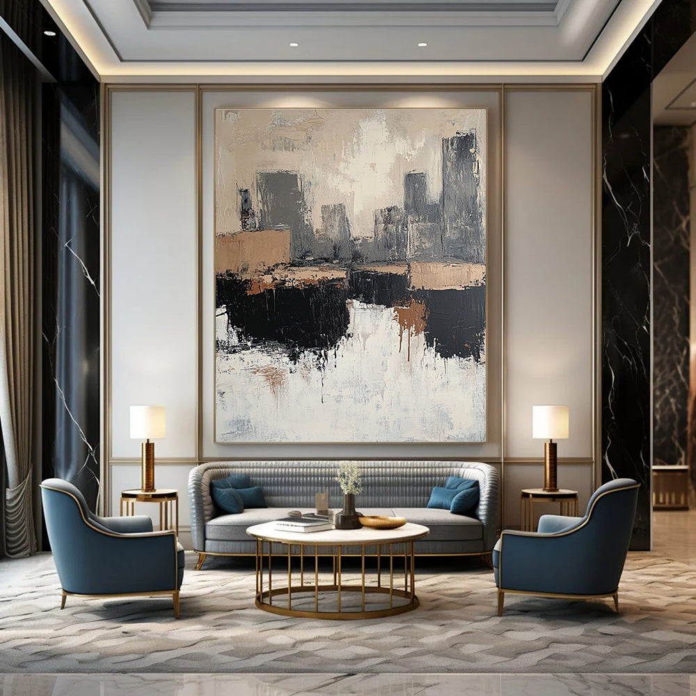 Large abstract painting featuring beige and white tones with gray and brown accents depicting rocks and a cityscape in a minimalist style.STSC412