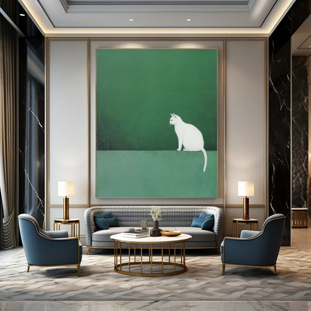 An abstract painting featuring a white cat on a green backdrop in minimalist style with ultra-fine details and matte texture.STSC1249
