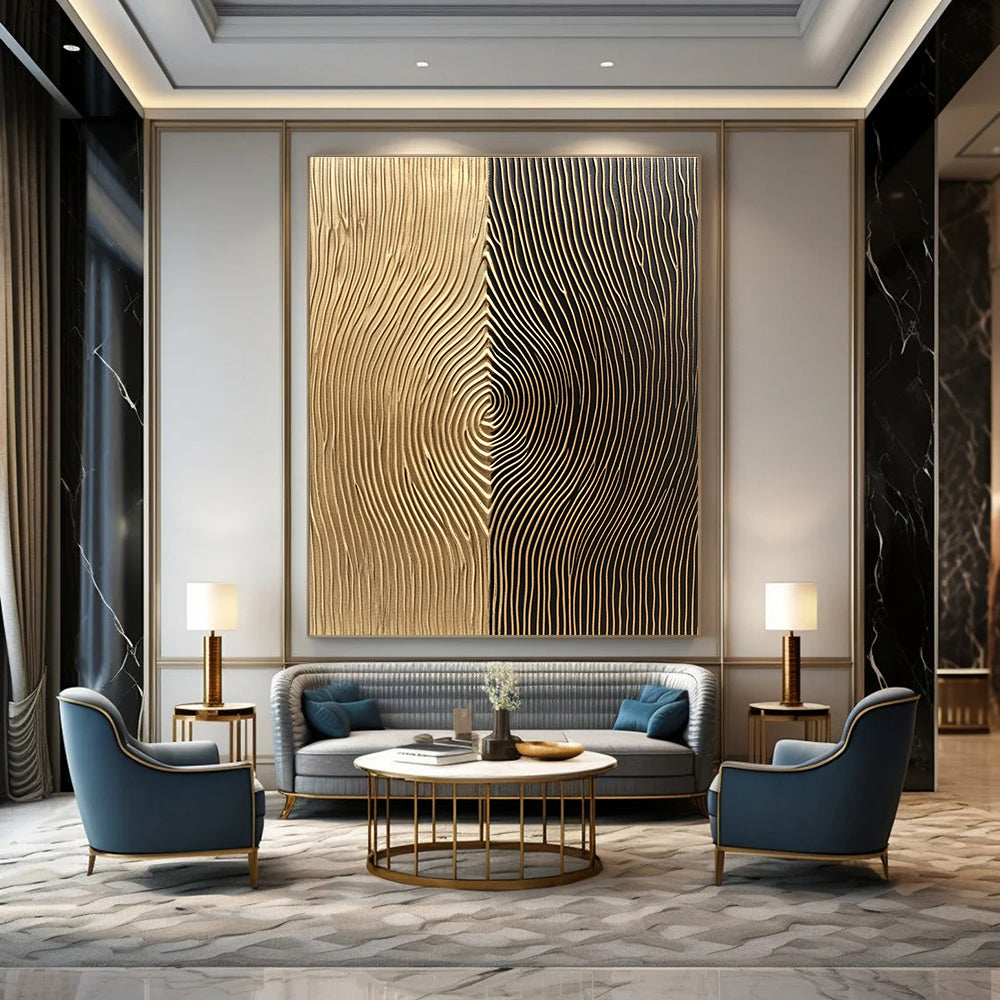Abstract wall art features light brown and dark bronze sections with vertical lines and delicate curves for a visually engaging experience.STSC1214
