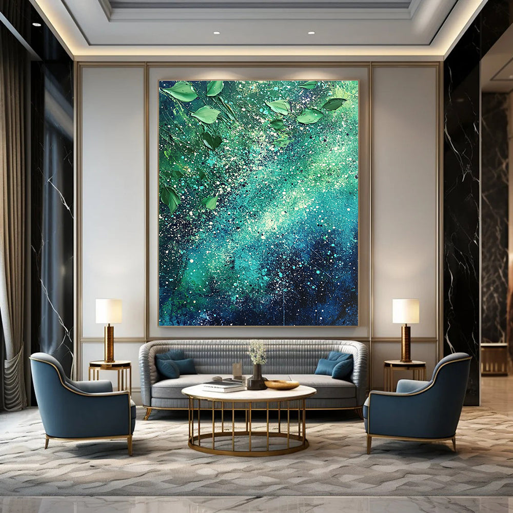 Large abstract painting of the Milky Way featuring vibrant green and blue hues with white speckles and scattered leaves for texture and cosmic beauty.STSC065