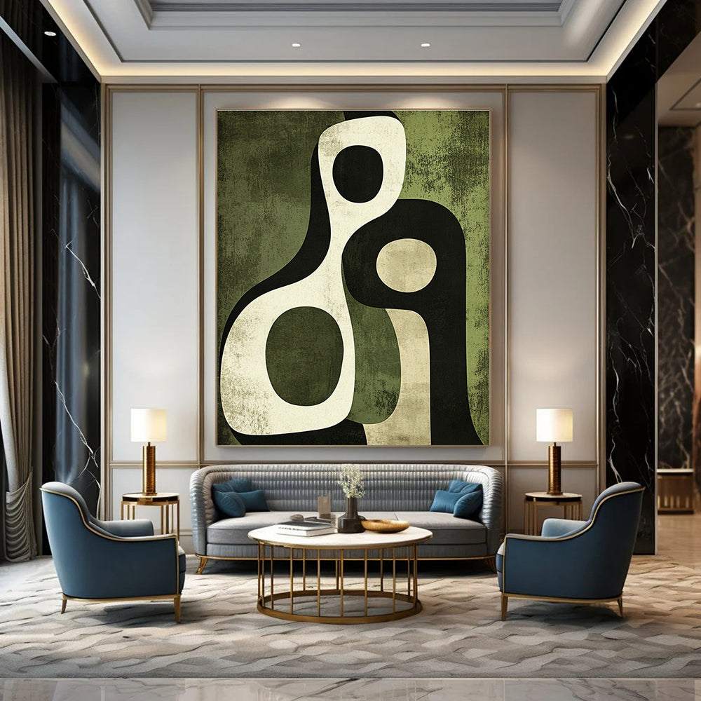 Abstract art piece featuring interlocking arches in olive green and black with soft edges and organic forms in warm and cool tones.STSC476