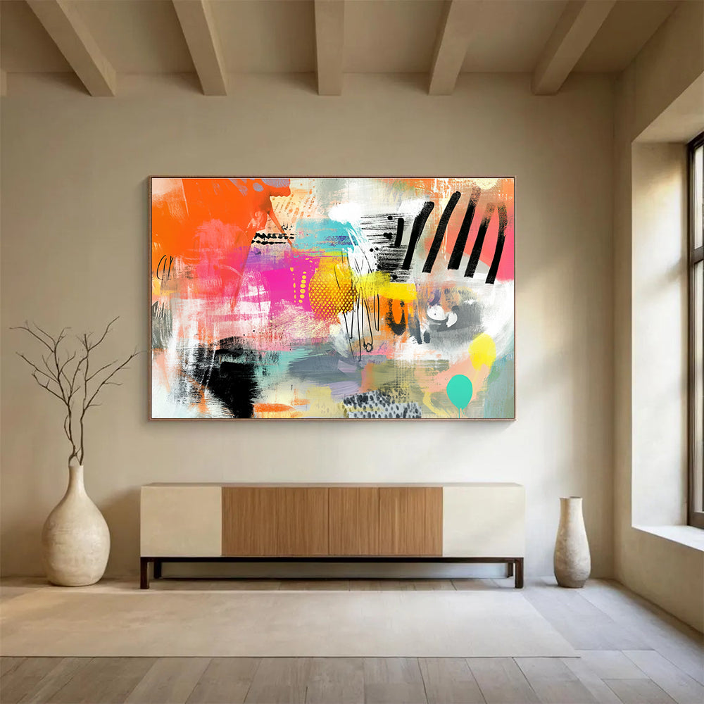 Large abstract painting featuring vibrant patterns and textures in orange pink teal yellow and black with a central blank space for customization.SC005