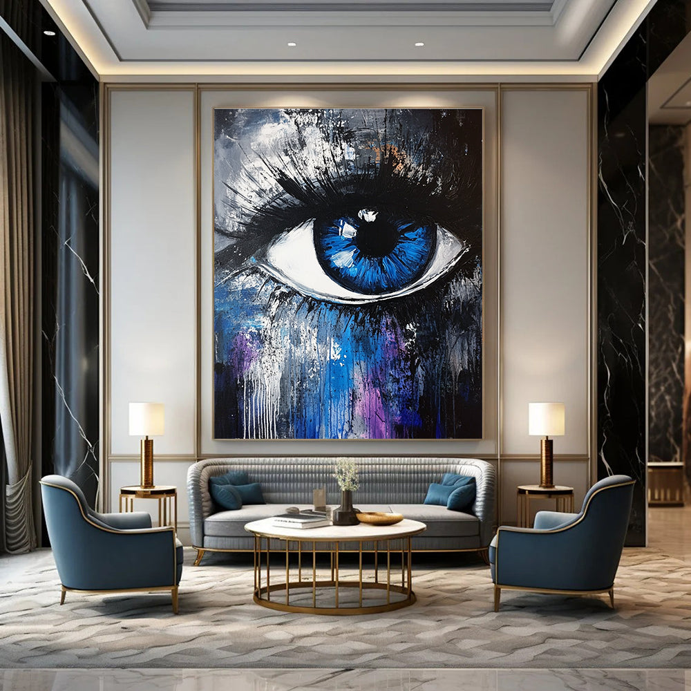 Large abstract painting featuring a blue and white iris with expressive brush strokes and a dark gray background accented by blue and purple.STSC647