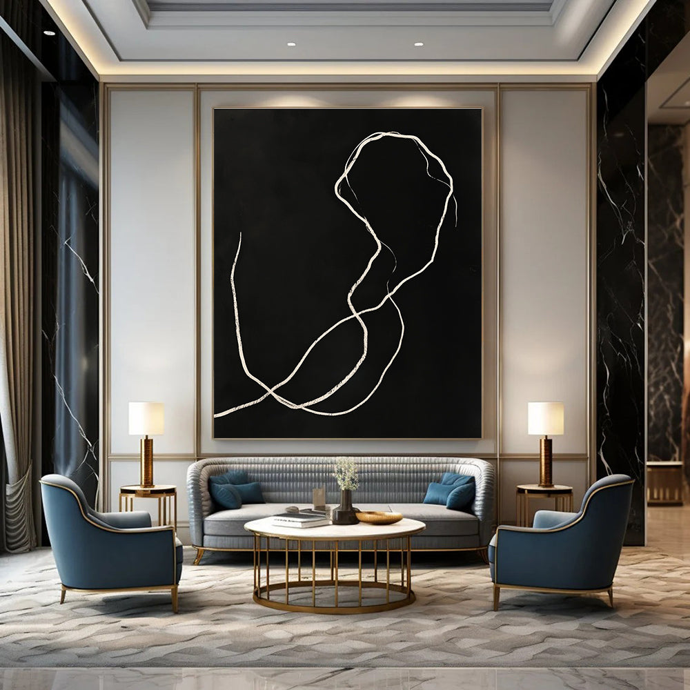A large abstract drawing featuring white lines on a black background with elegant curves and delicate ink washes inspired by dark art style.STSC1189