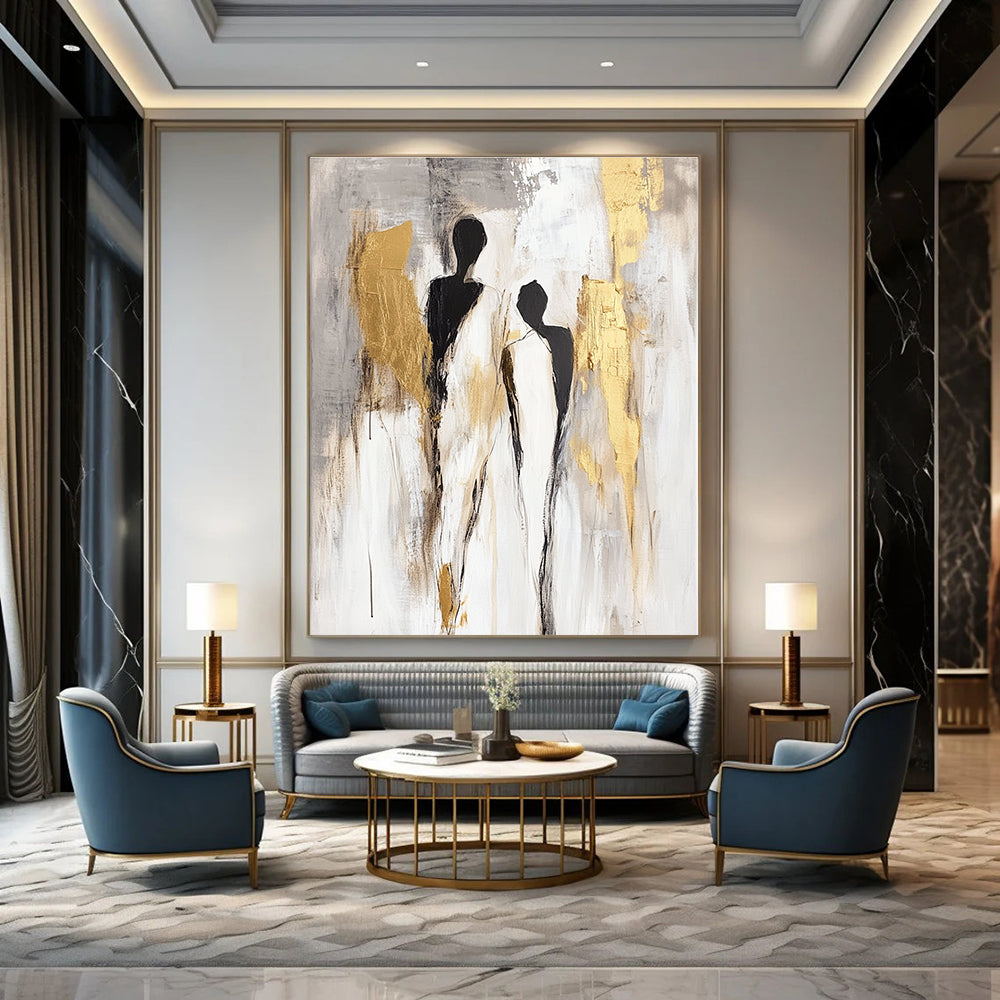 Large abstract painting in neutral tones with gold accents featuring soft gestural figures and delicate brush strokes on a light grey background.STSC440