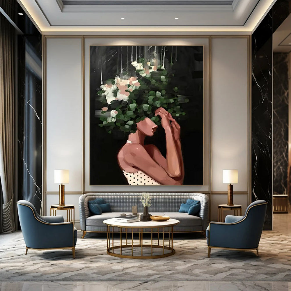 Floral Head Woman Abstract Painting with Green and White Flowers ADGE323