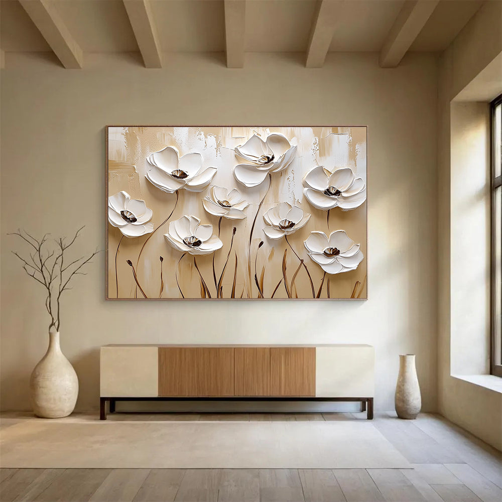 3D White Floral Abstract - Minimalist Botanical Abstract Painting DYP005