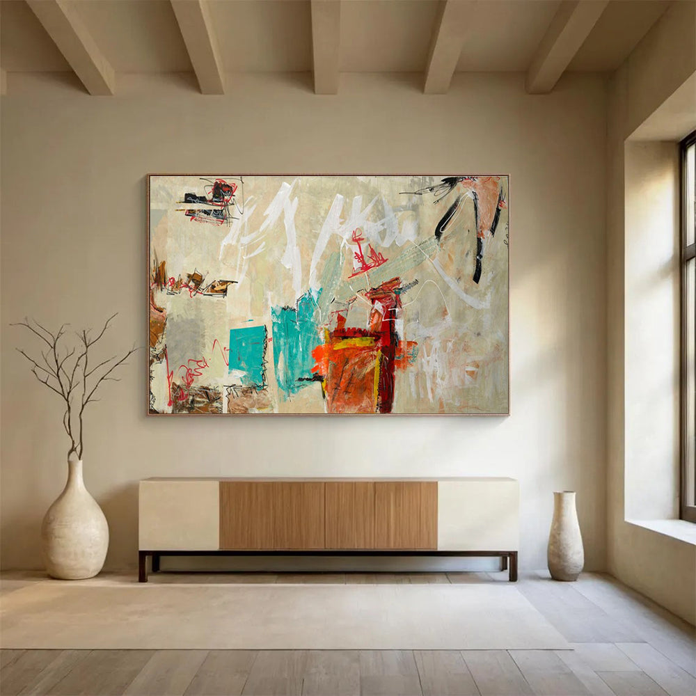 Minimalist Abstract Painting with Neutral and Bright Accents THY238