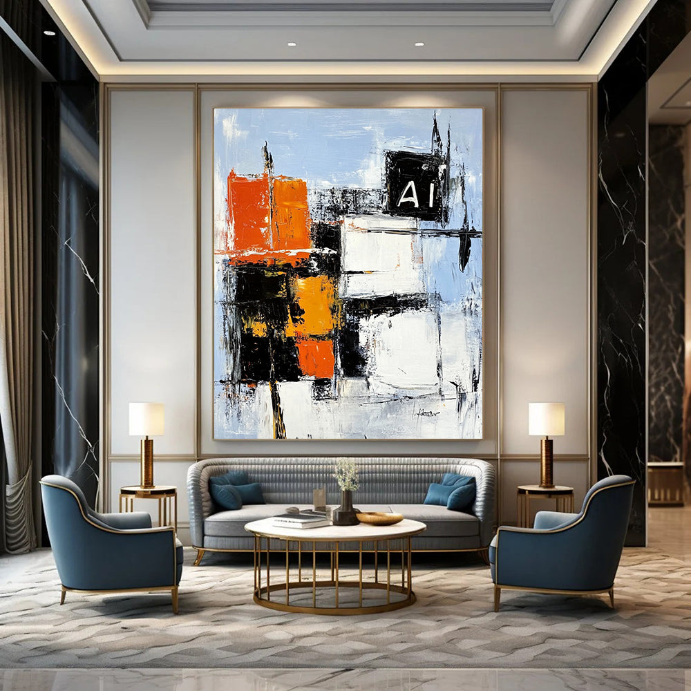 Large abstract painting featuring bold black white and orange building shapes on light blue canvas with dynamic brush strokes and textured layers.STSC742