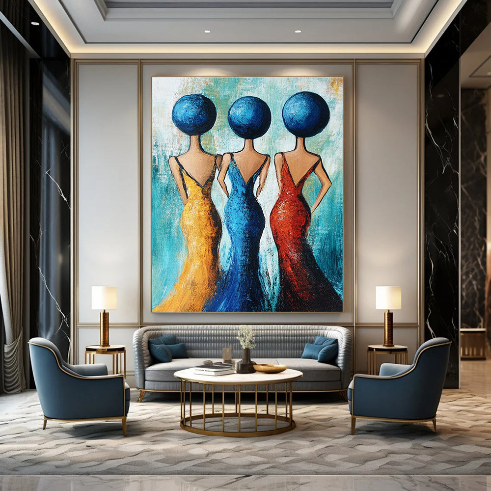 Large abstract acrylic painting featuring three women in evening dresses adorned with blue spheres against a turquoise background in full-body view.STSC005