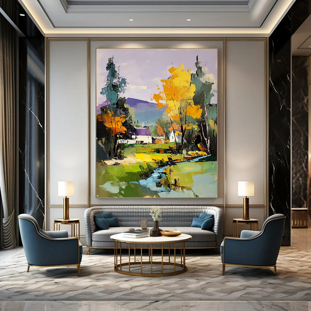 Large abstract painting featuring a river and trees with a house in the distance complemented by colorful brush strokes and a vibrant purple sky.STSC1308