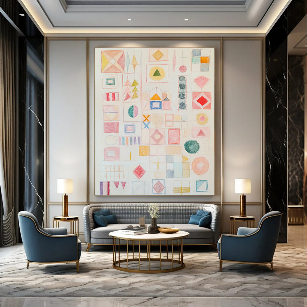 A large abstract artwork featuring soft pastel shapes and symbols in light pink with a calm atmosphere and inviting texture.STSC1206