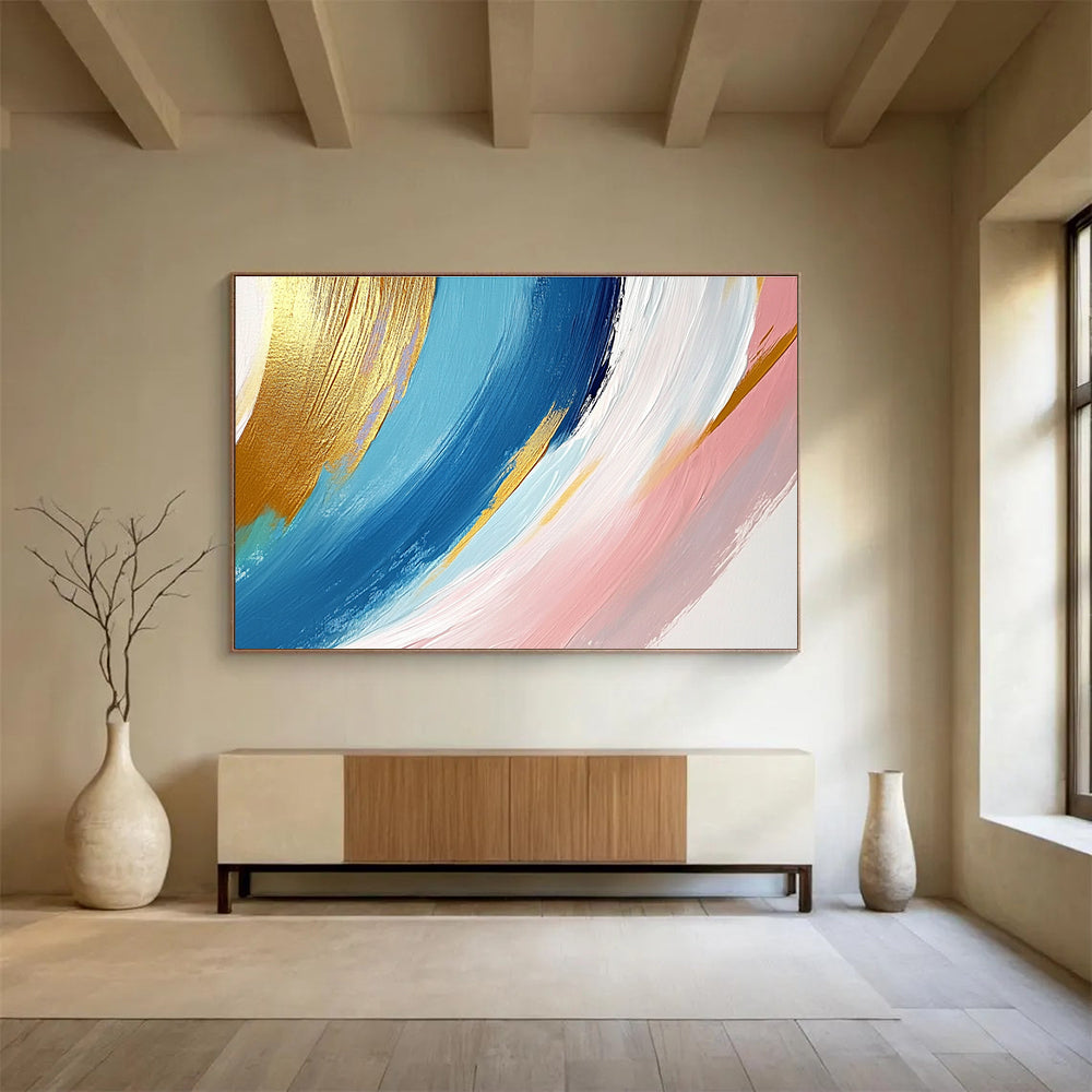 Gold Blue Pink - Flowing Brushstrokes Abstract Painting DYP035