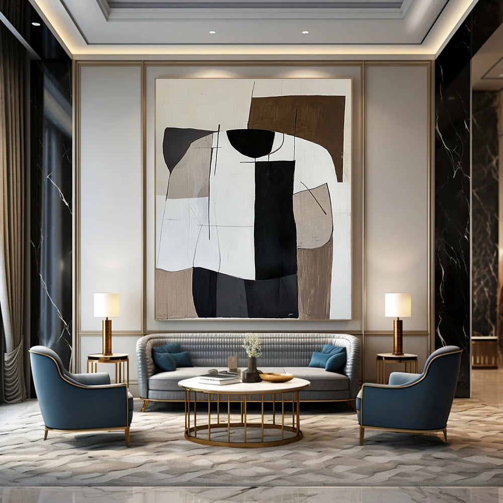 Abstract Painting in Minimalistic Cubism Style featuring Brown Palette and Striped White Shirt on a White Background.STSC1107
