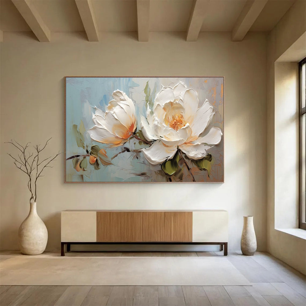 White Peony Textured Abstract Painting with White, Orange, and Green Tones THY174
