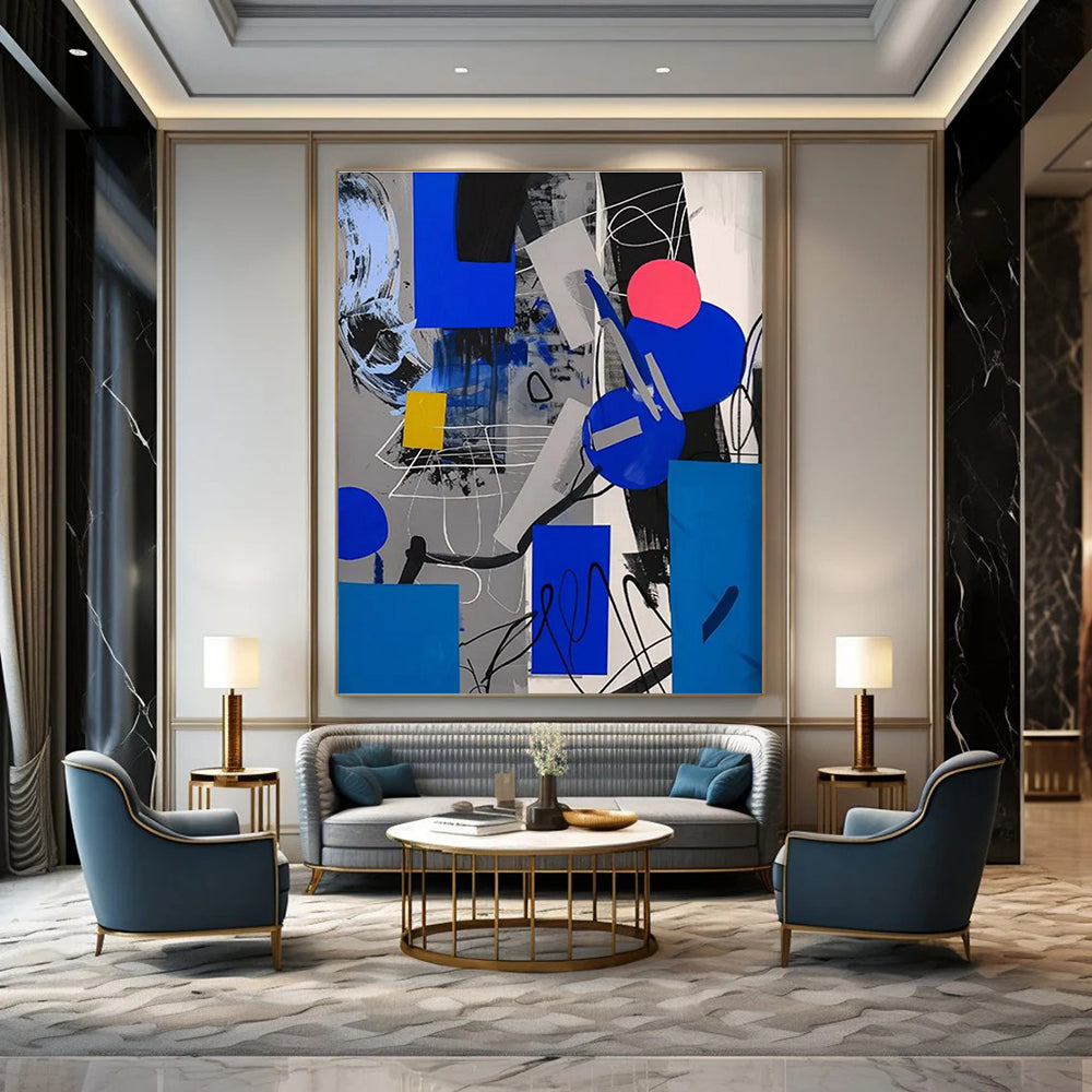 Geometric Color Fusion Abstract Painting with Blue, Gray, and Yellow ADGE110
