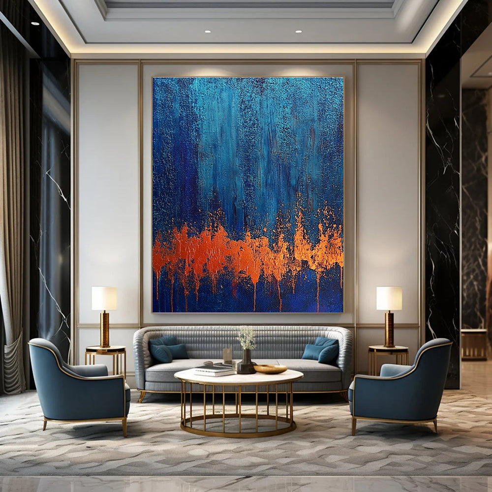 Large abstract painting on textured canvas showcasing rust and blue tones evoking a twilight forest with a copper bark-like foreground.STSC720