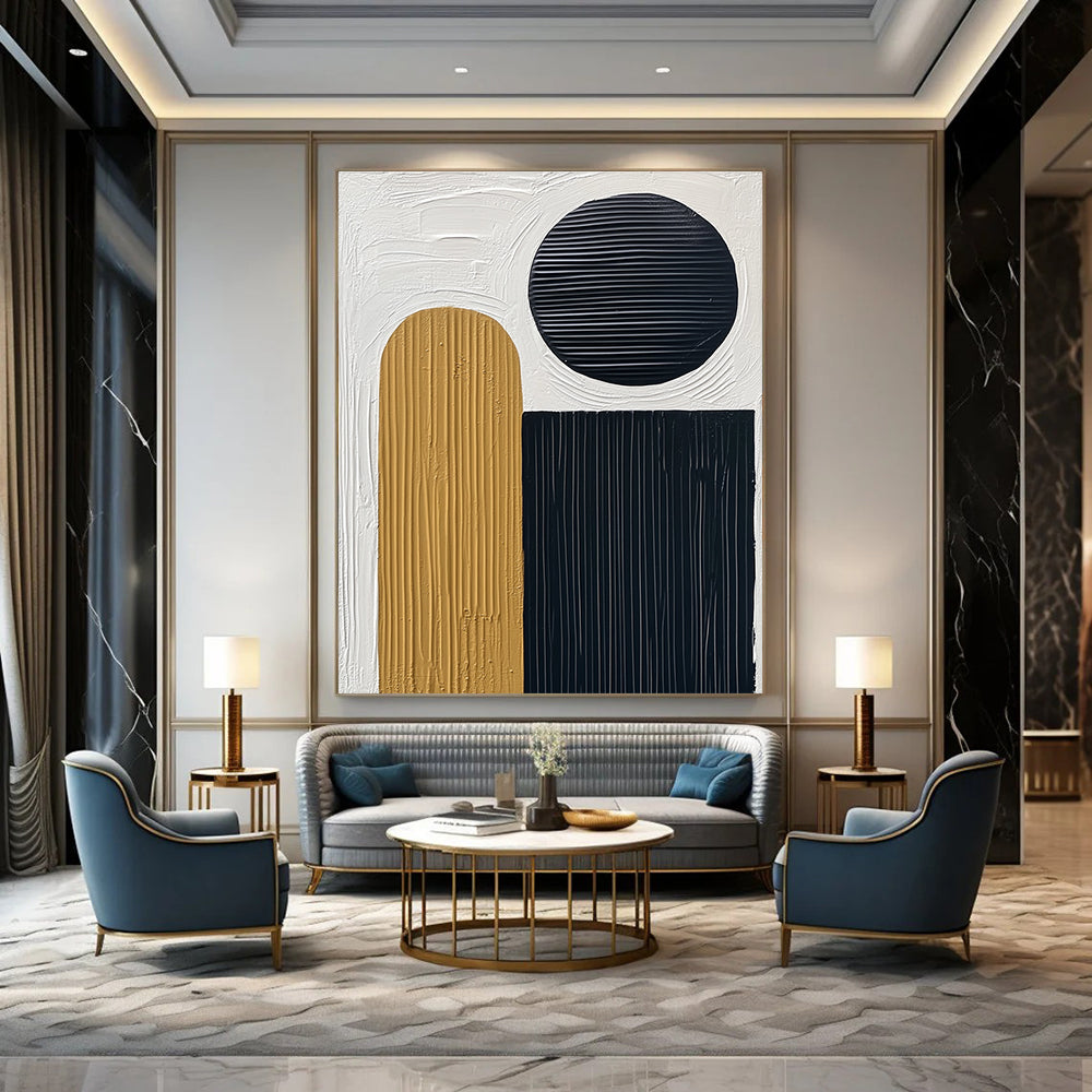 Abstract painting featuring thick black lines on textured paper with a white background and a small gold oval accent along with three circles.STSC451