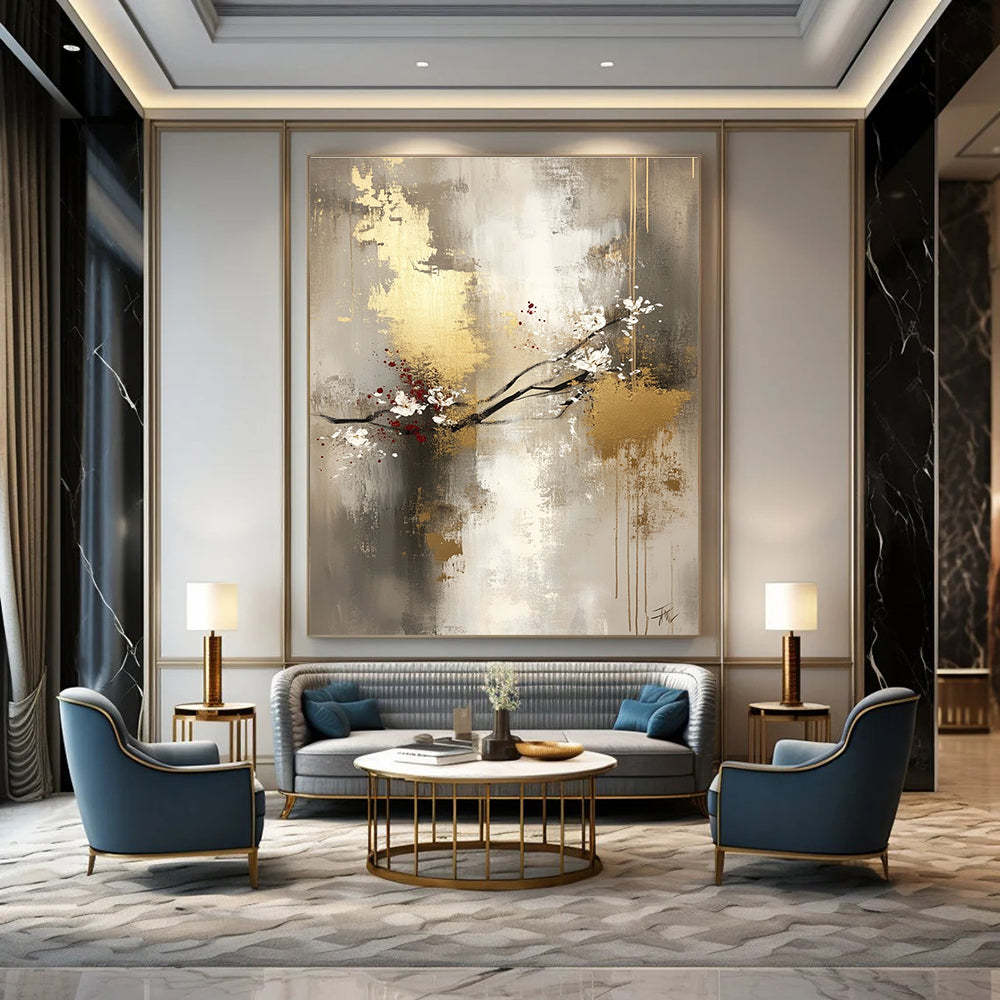 Large abstract painting featuring light gray and gold tones with delicate floral arrangements and a mysterious atmosphere on a spacious canvas.STSC434