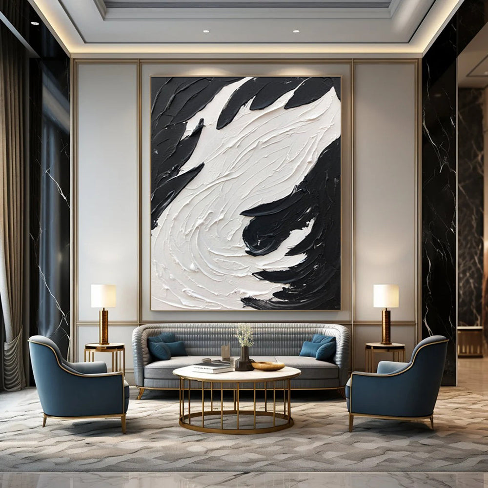 Black and White Bold Swirl - Textured Abstract Painting with Impactful Forms ADGE398
