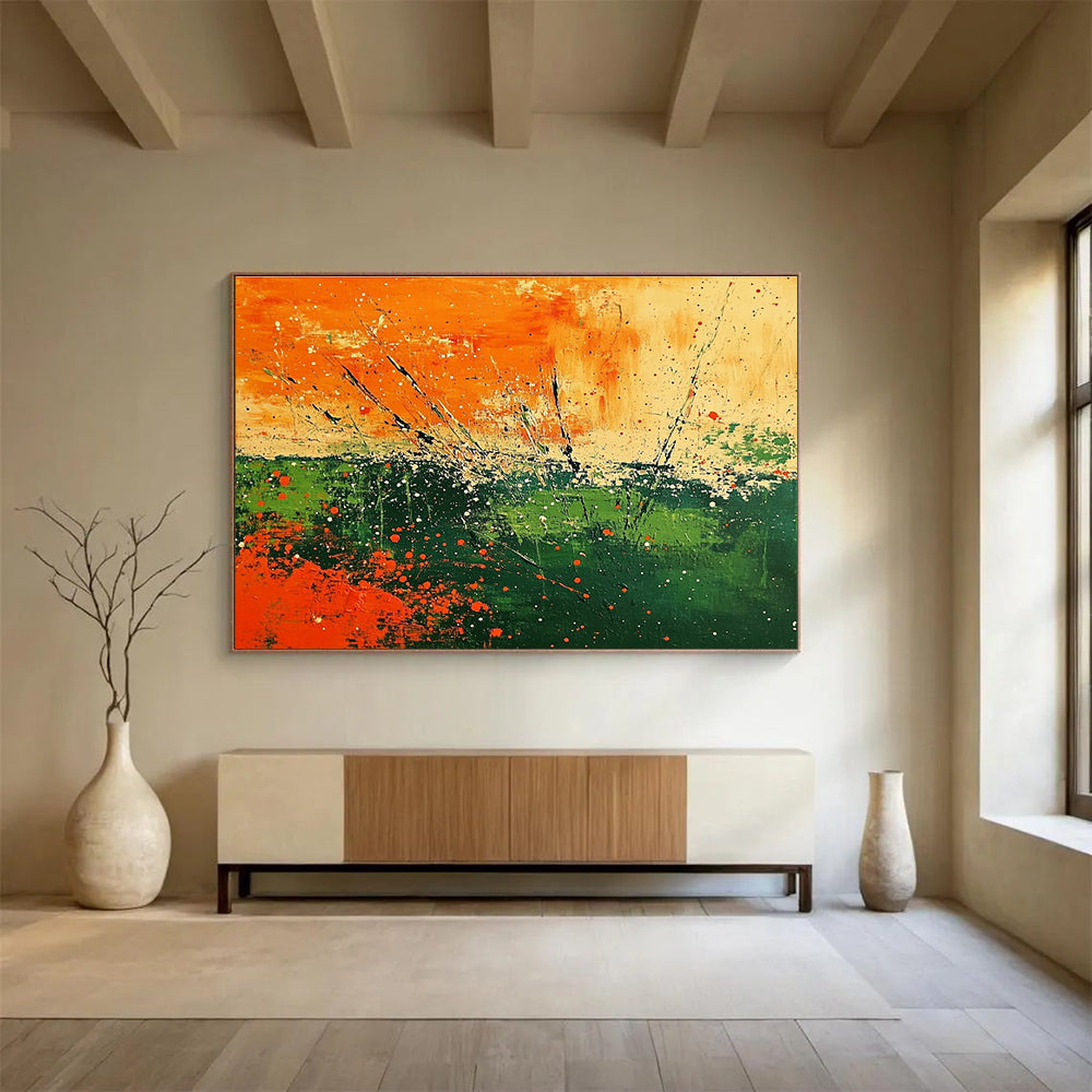 Abstract landscape featuring vibrant orange and green hues with textured brush strokes and splattered paint adds a unique touch to any space.SC090