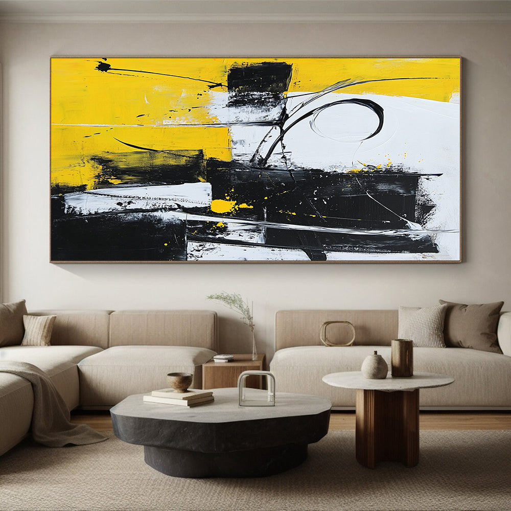 Yellow Black and White Abstract Painting with Dynamic Strokes GER511