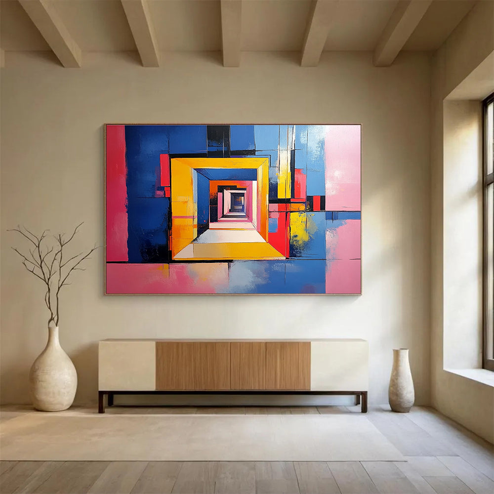 Vibrant abstract painting of an open door with geometric shapes against a blue and yellow background highlighting pink walls and soft textures.SC337