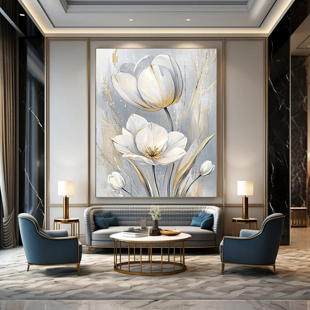 Large abstract painting featuring elegant white tulips with intricate petals and soft pastel tones creating a serene atmosphere.STSC1480