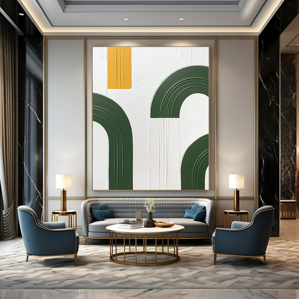 Large abstract painting featuring green arches and yellow circles on a white background with a hand-painted texture in oil paint.STSC1092