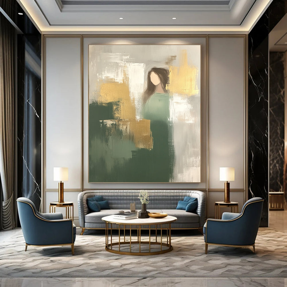 Large abstract painting featuring minimalistic shapes in neutral green and beige with gold accents creating a soft atmospheric beauty.STSC242