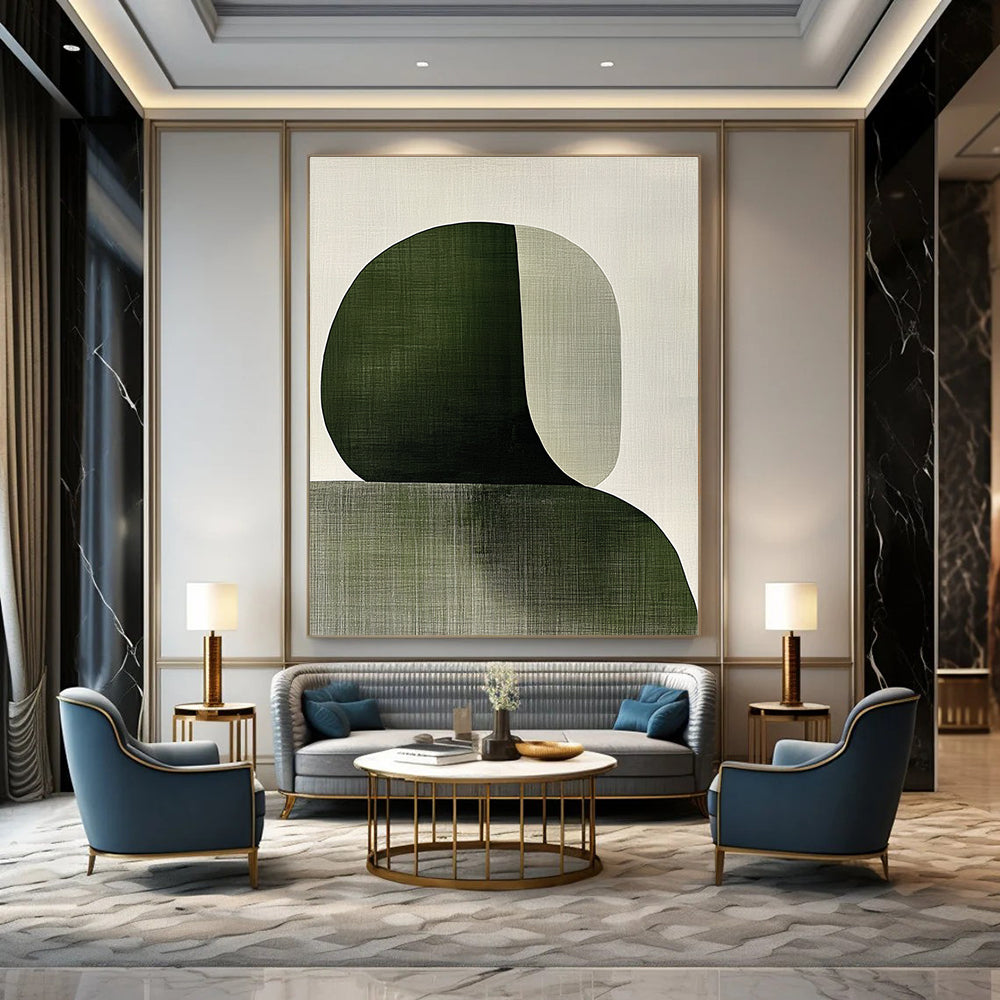Abstract painting featuring overlapping shapes in sage green and white with visible brush strokes embodying the female form in a minimalist Japandi style.STSC1339