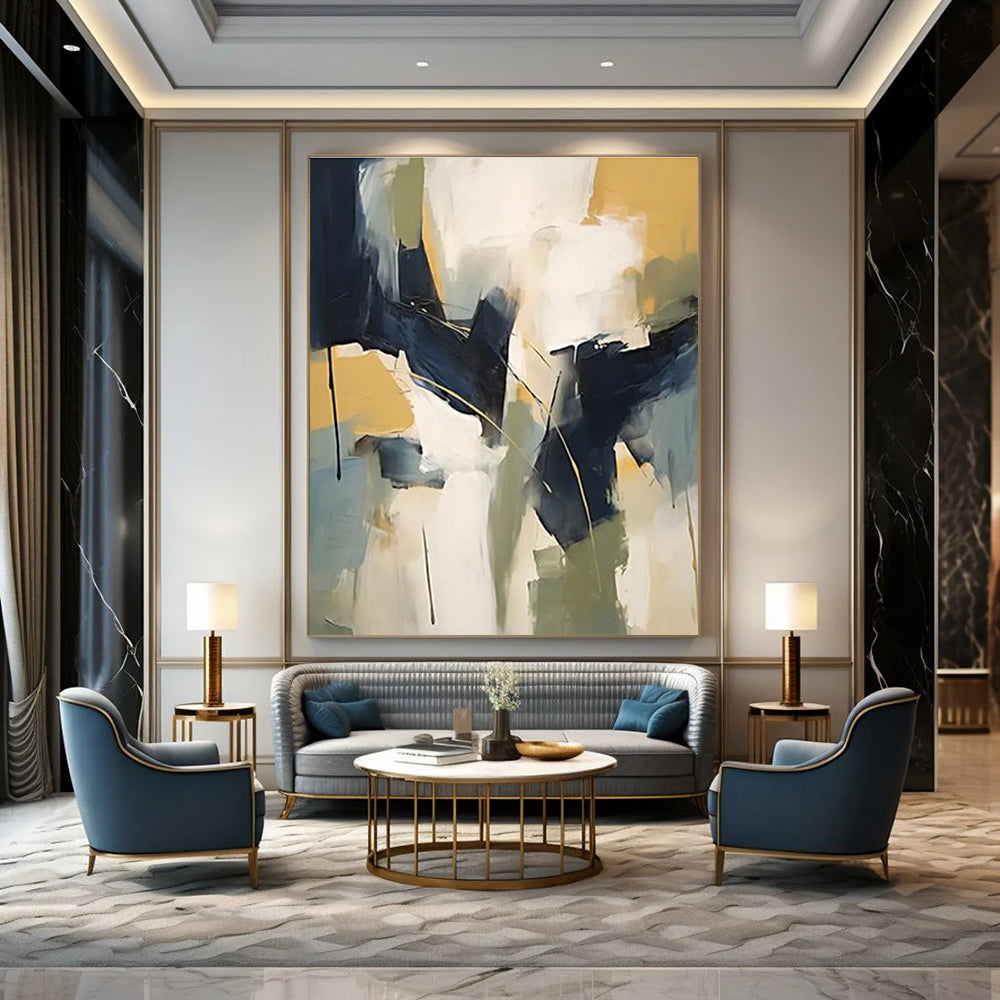 Geometric Color Blocks Abstract Painting with Blue, Green, and Yellow ADGE123
