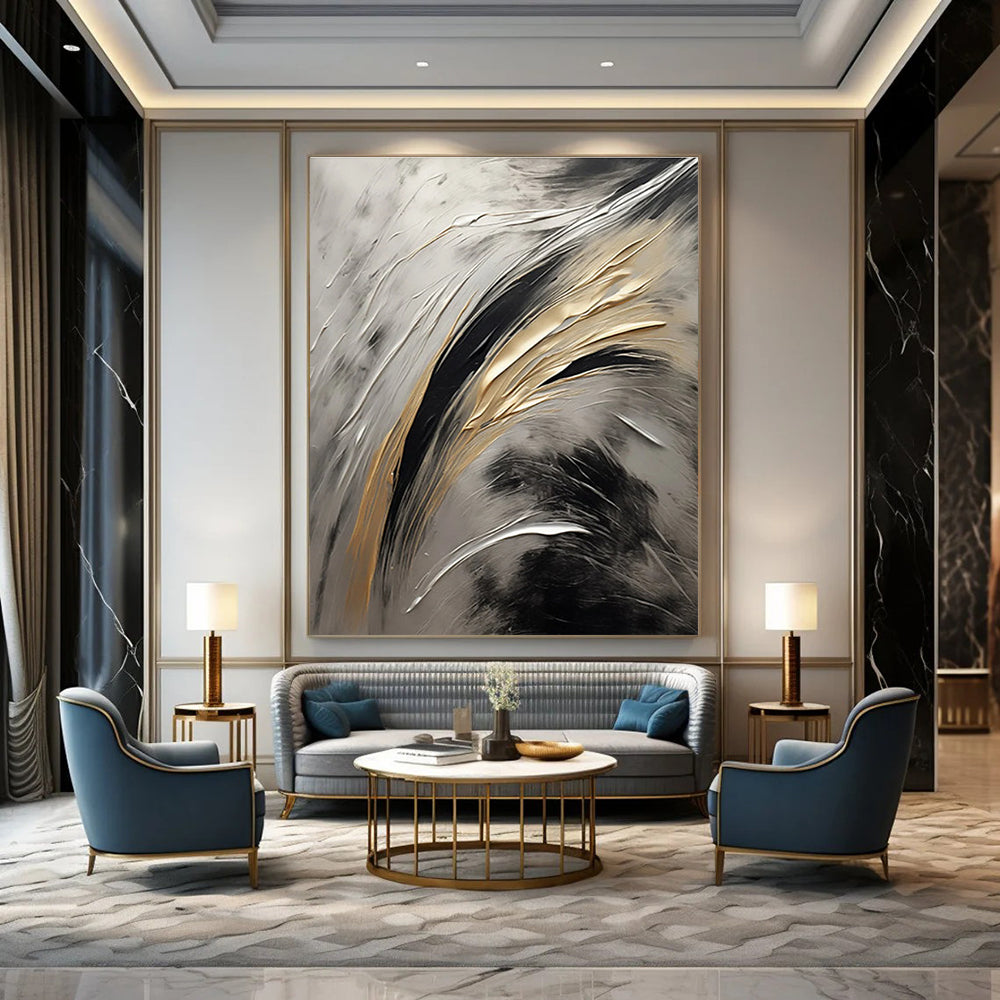 Metallic Textured Abstract Painting with Gold, Silver, and Black ADGE126