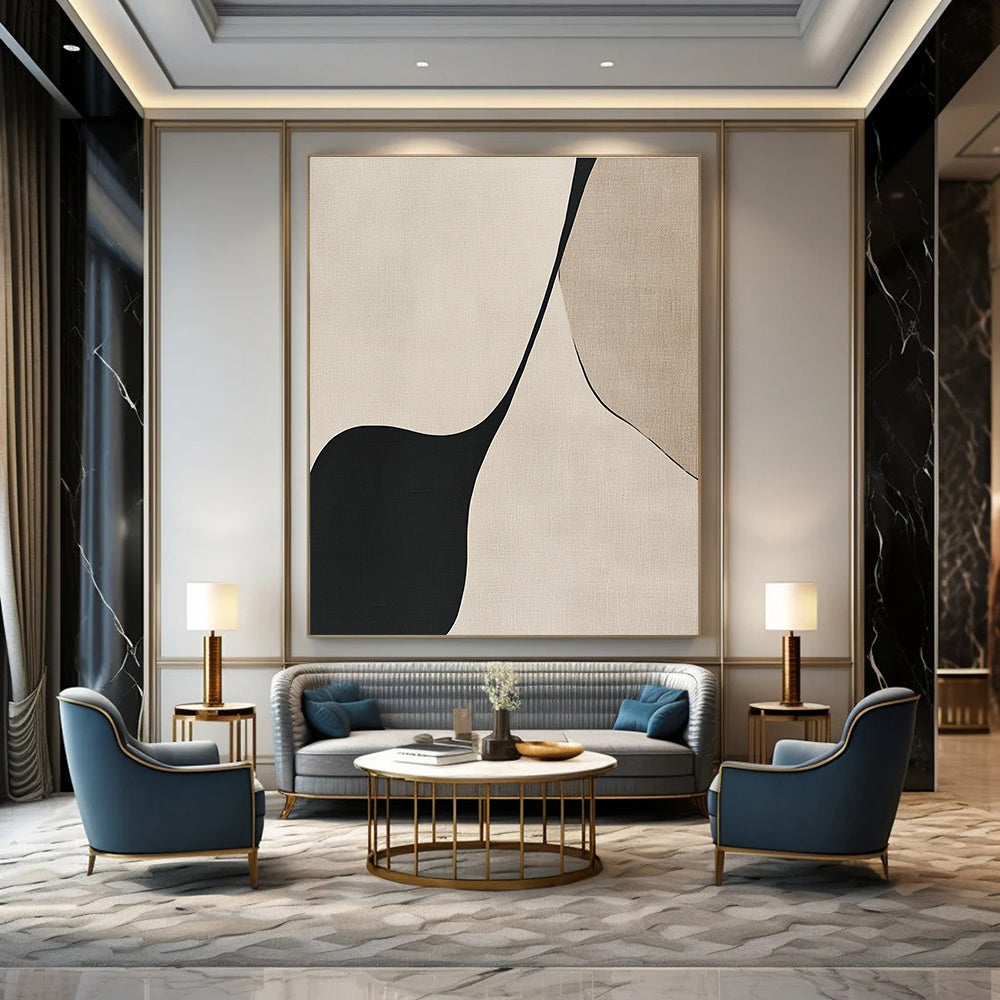 Bold abstract art featuring black lines on a beige background showcasing the elegant simplicity of the female form through simple shapes and curves.STSC1324