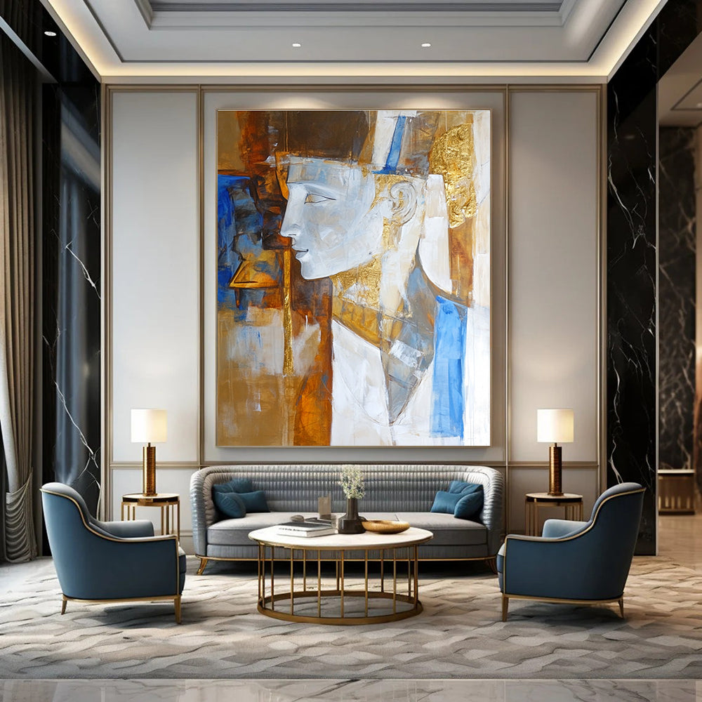 Large abstract painting featuring an ancient Greek sculpture in white brown and blue with elegant golden details.STSC633