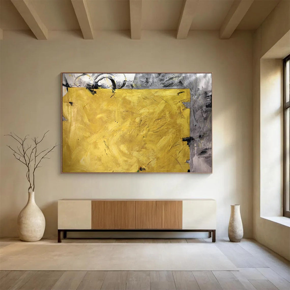 Bold Yellow Abstract Painting with Grey Accents THY153