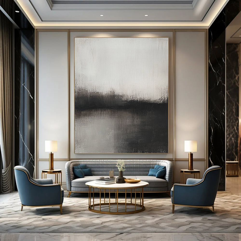 Big abstract painting featuring soft gray and brown tones depicting a blurred landscape at dusk evoking tranquility and serenity.STSC127