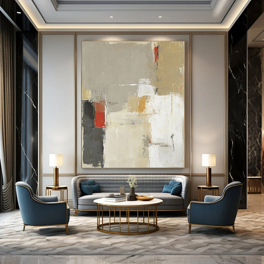Large abstract painting in beige and gray with red accents featuring soft brush strokes and bold shapes.STSC616