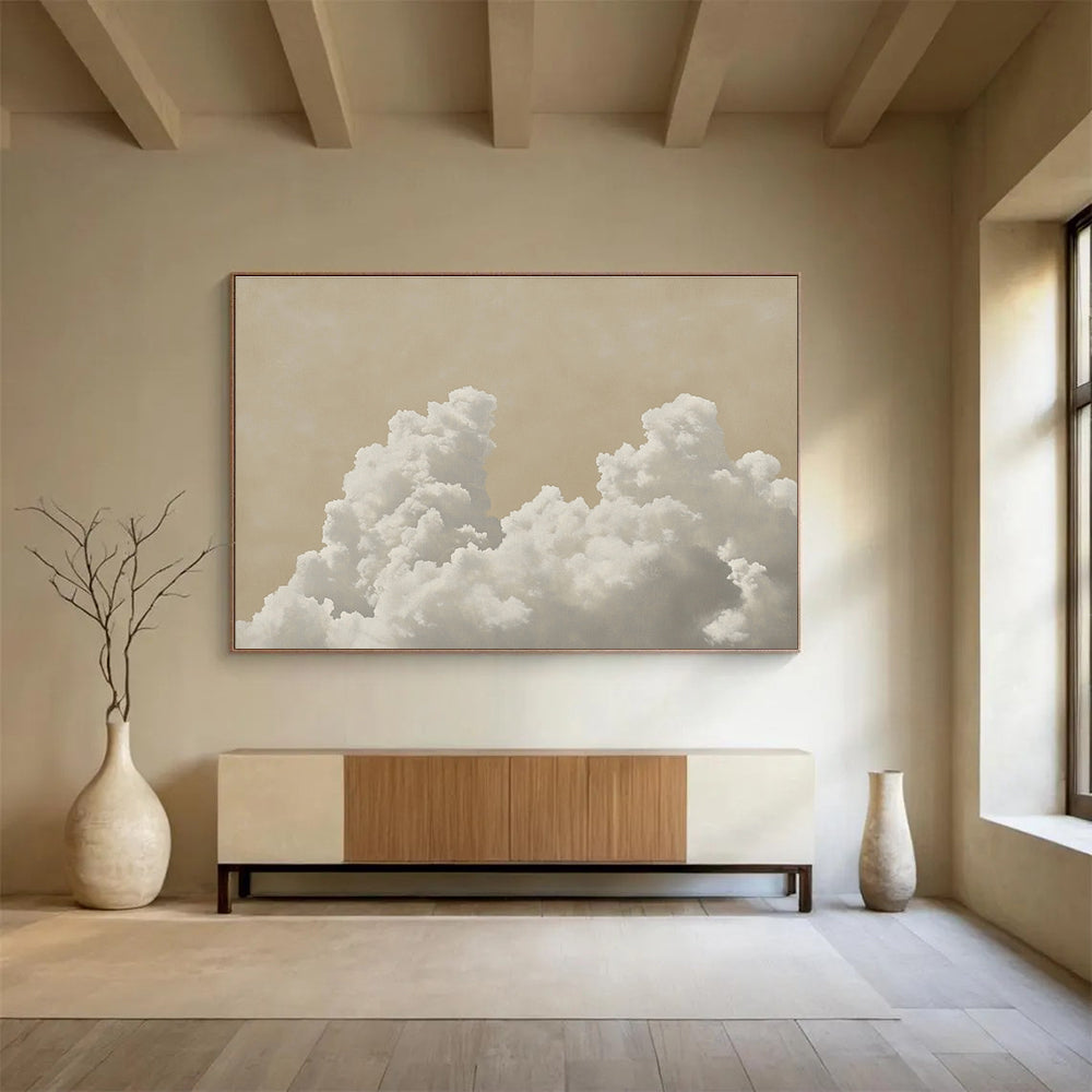 A large abstract painting featuring a cloud of white clouds against a pale beige background with muted colors and ultra-realistic details.SC454