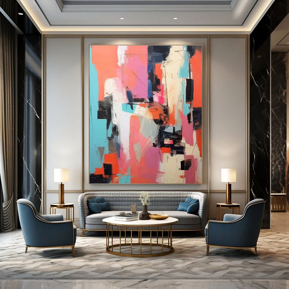 Vibrant Color Collage Abstract Painting with Pink, Orange, and Blue ADGE127