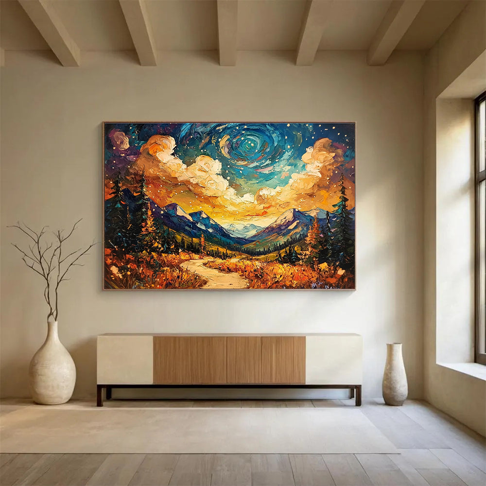 A large abstract painting capturing the Alaskan wilderness under a vibrant sky with textured brush strokes and a winding path leading through stunning colors.SC564