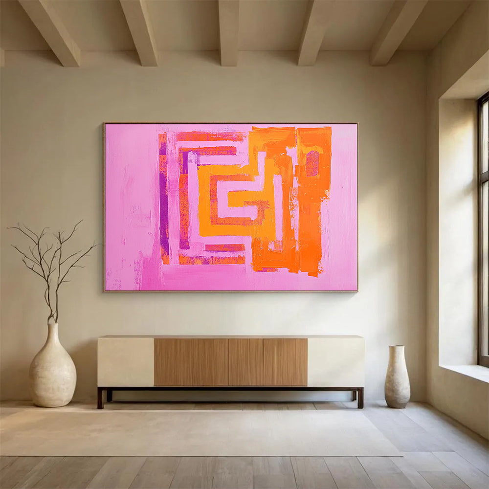 Pink Background Geometric Abstract Painting with Orange and Purple Shapes DYP130