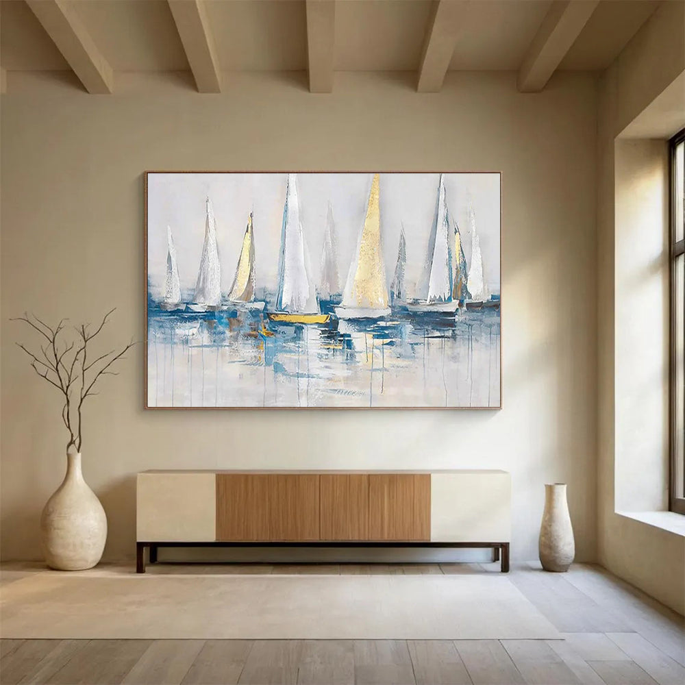 Sailboats on Water Abstract Painting with White, Gold, and Blue THY259