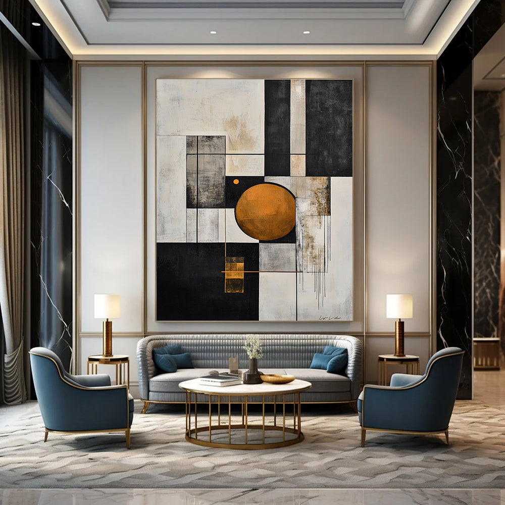 Large abstract painting in black and white with an orange circle and geometric shapes features a gray line and exquisite details on textured canvas.STSC207